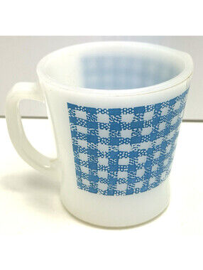 Vtg Fire King Blue Gingham Plaid Milk Glass Coffee D Mug Retro